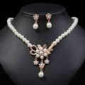 1Set Women Necklace Beaded Glossy Faux Pearls Rhinestone Embedded Flower Bride Necklace Stud Earrings Kit Qoddess. 