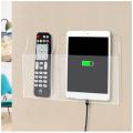 Wall Mount Acrylic Phone Holder, Tablet Stand Remote Control Holder Hands for Charging, Large Media Organizer Caddy Box for Desk and Nightstand (2 Holes). 