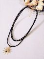 Fancy Black Leather String Layered Choker with Aesthetic Pendant. 