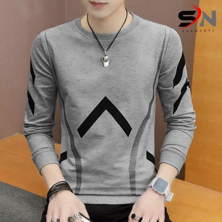 Cotton Jersey V Printed Full Sleeve T-Shirt For Men Round Neck Full sleeve T shirts - Grey