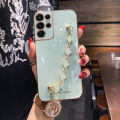 For Samsung Galaxy S23 Ultra Back Cover with Bracelet Wristband Luxury Clover Chain 6D Plating Frame Shiny Girls Cases Soft Silicone Square Protective Mobile Phone Case. 