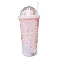Water bottle cute rabbit glitter rainbow color plastic straw cup creative personality fun girl heart ins photo gift portable cup. 