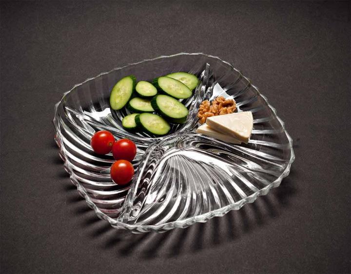 Kaveh Dry Fruit Plate-4 Partitions-Transparent Glass-9 Inch