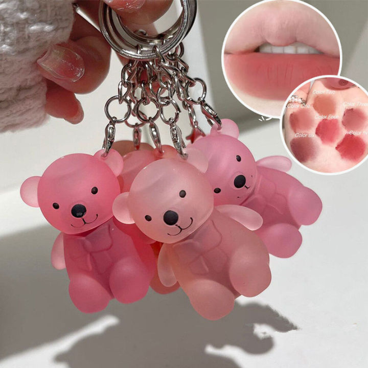 Lip&Cheek Two Use Cute Bear Keychain Lip Mud Matte Velvet Blush Lipstick Waterproof Long Lasting Non-Stick Cup Lip Gloss