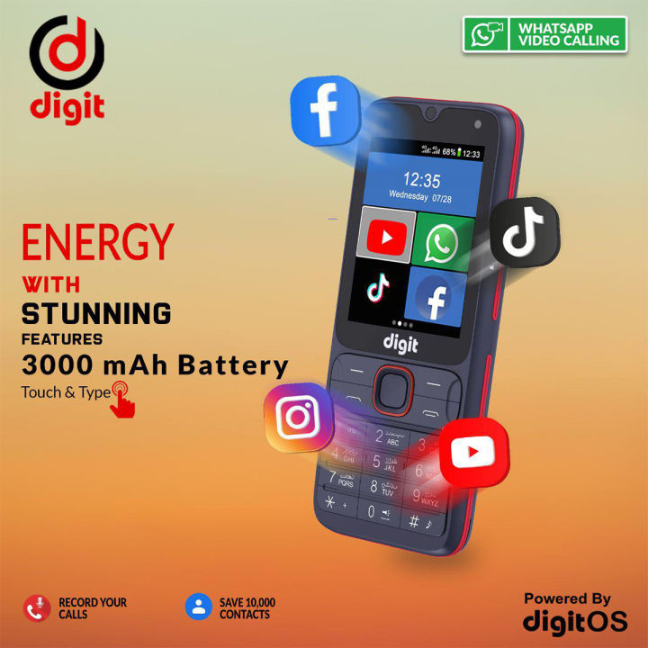 Digit 4G Energy (Touch & Type), Jazz Digit 4G Energy, Touch & Type, 2.8 inches Touch Display, 1GB Ram, 8GB Memory, Bluetooth, Wifi, WiFi Hotspot, 3000mAH Big Battery, PTA Approved with 1 Year brand Online Warranty