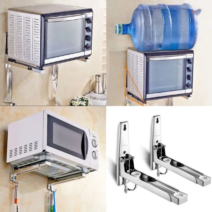 Microwave Oven Stand With 2 Hooks - 304 Stainless Steel Wall Mounted Microwave Oven Bracket Rack Shelf - Folding Wall Mount Rack for Microwave Kitchen Organizer / Microwave Oven Rack Shelf / Microwave Oven Storage Rack / Folding Wall Bracket for Microwave