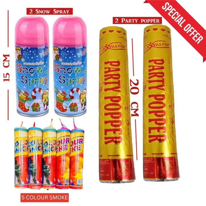 2 Party Poppers + 2 Snow spray + 5 colours smoke  Combo Deal for Christmas , wedding , birthday party , Bridal shower , Baby Shower and other celebrations
