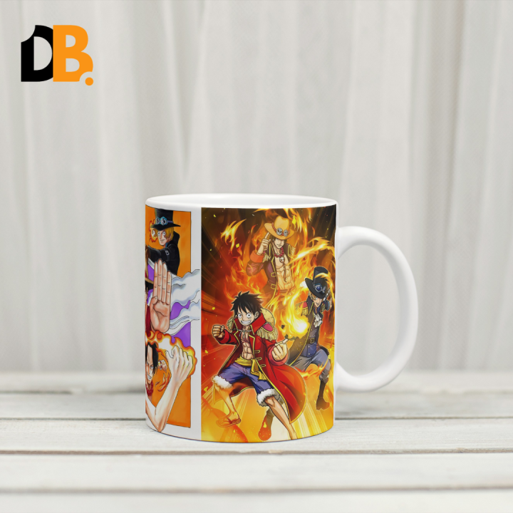 DEBOSS | One Piece Anime Coffee Mug | Monkey D. Luffy- Ace- Sabo | Anime Mugs | 11OZ Premium Ceramic Mug Multi-Character Anime Design | Coffee or Tea Cup (Printed).