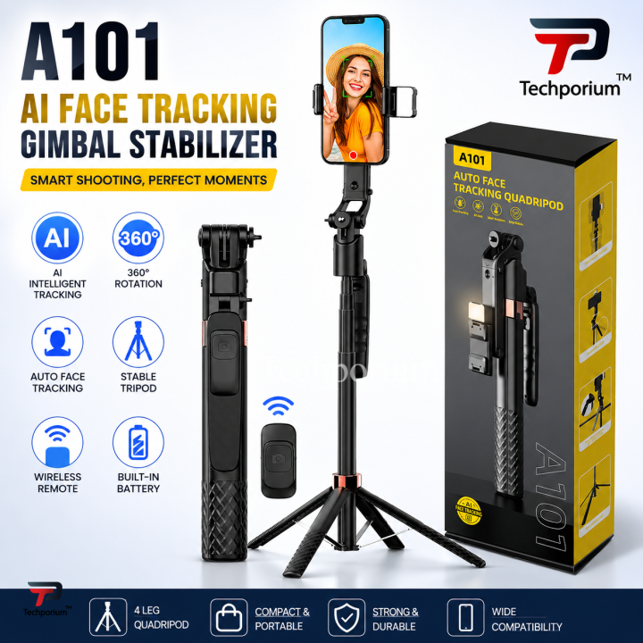 A101 Gimbal Stabilizer Tripod Auto Face Tracking AI Shooting Wireless Remote Selfie Stick Built-in Fill Light 360° Rotation Phone Holder for Vlogging YouTube TikTok Live Streaming Travel Photography Best Smartphone Gimbal Stabilizer Extendable