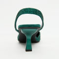 Trending High heel sandals women's shoes green rhinestone wedding toe mules. 