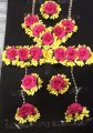 Pink and Yellow Wedding  Artificial Flower Jewellery Set / Gajra/ Bracelets / Earing/ Ring / Tikka   For Mendhi, and Multi faction #-JS04. 