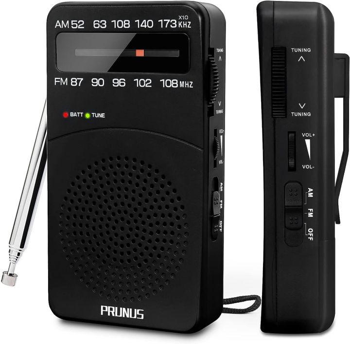 PRUNUS J-166 Portable Radio AM FM, Battery Operated Radio with Tuning Light, Back Clip, Excellent Reception, AM FM Radio Portable, Transistor Radio