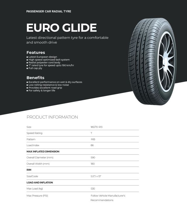 GTR TYRE 185/70R13 | EURO GLIDE | WITH NOZZEL| FOR HONDA CITY,NISSAN ( 1 Tyre Price )