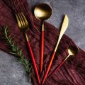 24pcs Luxury Stainless Steel Red And Golden Cutlery Set Fork Spoon And Knife Dinnerware. 