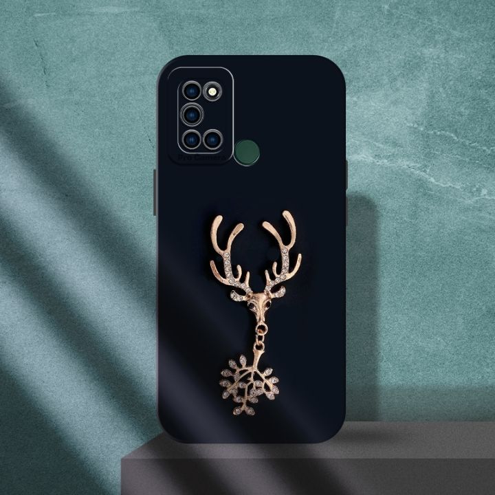 FELMYST Original Case For OPPO Realme C17 3D Metal Deer Head Elk Luxury Square Liquid Silicone Back Mobile Phone Casing Boy Men Gril Gift Soft Lens Protect Cover