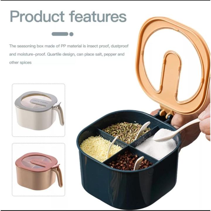 Modern spice kit masala box 4 grids with spoons, spice box spice rack, 4 grid spice jar