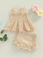 Toddler Baby Girls Summer Outfit Solid Color Cutout Pleated Tank Tops and Stretch Casual Ruffle Shorts Set. 