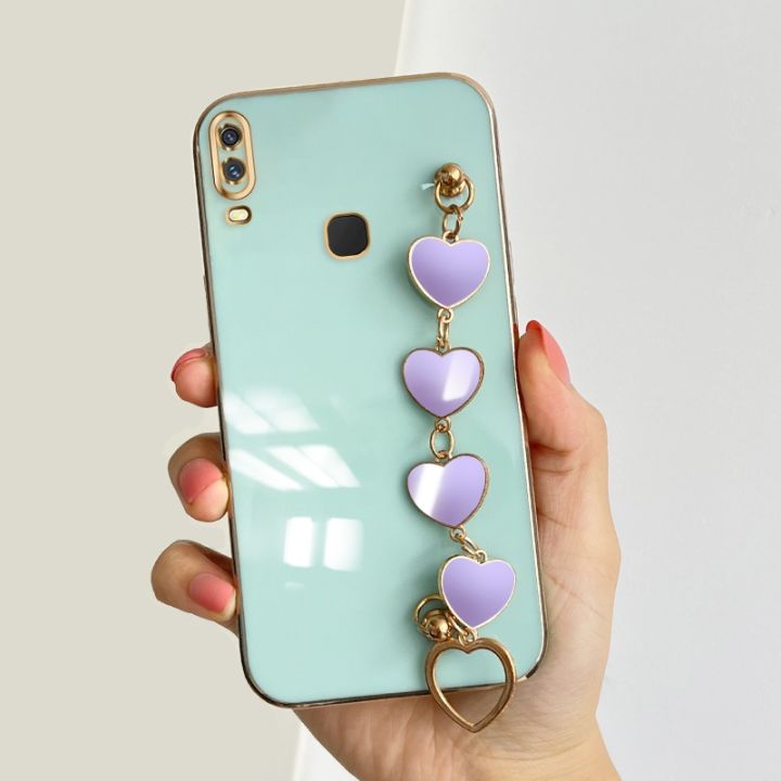 TA for For VIVO Y11 2019 / Y12i / 1906 Back Cover Purple Love Heart Bracelet Luxury 6D Plating Case Soft Thin Silicone Square Phone Cases
