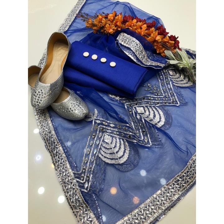 Decent Collection Net Gotta  Work Dupatta Along Qataan Silk Shirt & Trouser 3 Piece Dress  With Free Shoes