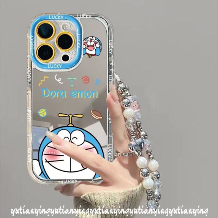 Fashion Doodle Cartoon Happy Doraemon Caseing Compatible for IPhone 11 15 13 12 14 Pro Max XR 7Plus 15 8 Plus X XS Max Luxury Bracelet Make Up Mirror Soft Cover