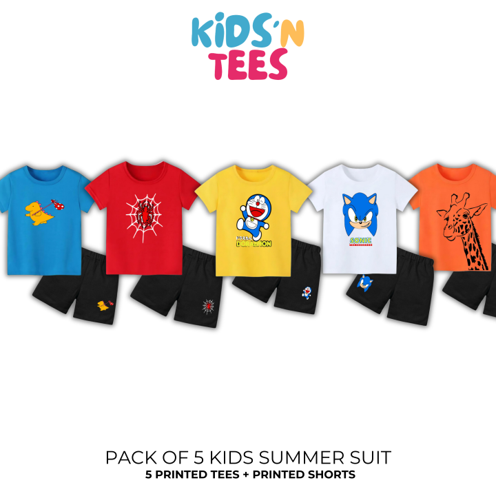 Kidsntees Pack of 5 Kids Summer Suits - Printed T-Shirt + Shorts - Premium Printed T-shirts For Teen Boys & Girls - High Quality T-shirts For Toddler Boys & Girls - 100% Cotton, High-Quality DTF Prints, Ages 6 Months to 12 Years, Free Delivery