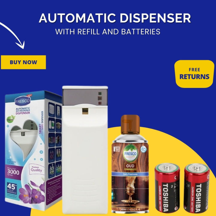Fresco Automatic Air Freshener Dispenser with Oudh Refill and D-Sized Batteries, Air Freshener for Room and Bathroom, Automatic Air Dispenser for Freshener Spray