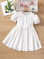 Toddler Girls Puff Sleeve Button Lawn Front Dress White Cute Collar Short Sleeve Fabric Plain A Line Embellished Slight Stretch Toddler Girls Clothing. 
