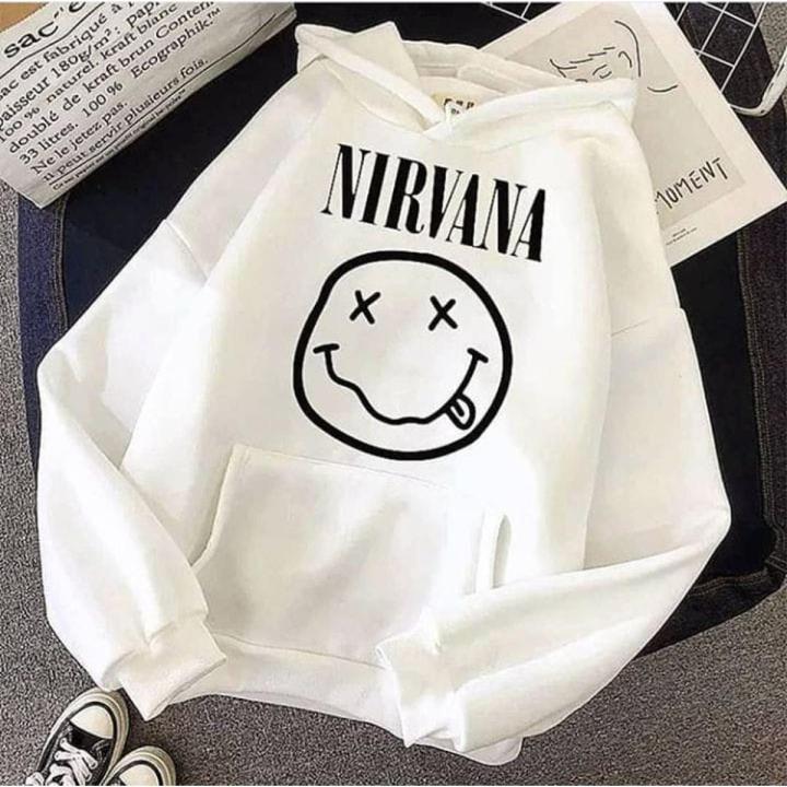 Nirvana White Fleece Full Sleeves Pull Over Hoodie