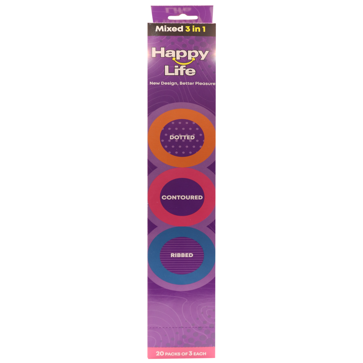 Happy Life Collection - Ribbed, Contoured, Dotted Condoms (20x3) 60 Condoms- Bulk Pack