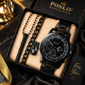 🔥 Luxury 4-In-1 Men’s Black Premium Gift Set – Glossy Stainless Steel Watch, Chain Bracelet, Heartbeat Ring & Pendant Necklace for Men. 