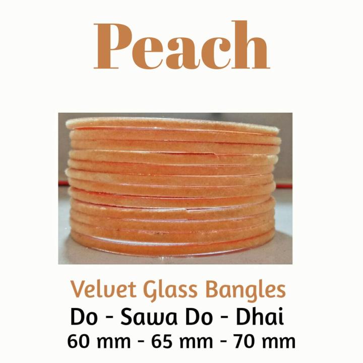 Peach | 24 pieces/ 2 Dozen velvet glass bangles of all sizes ( do, sawa do , dhai )