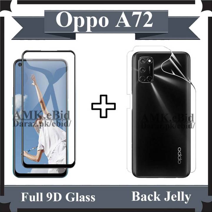 Oppo A72 Full Black 9D Tempered Glass Edge to Edge Full Glue Screen Protector + Back Jelly Protector Clear Soft Film Protector Hydrogel Film Protector For A72