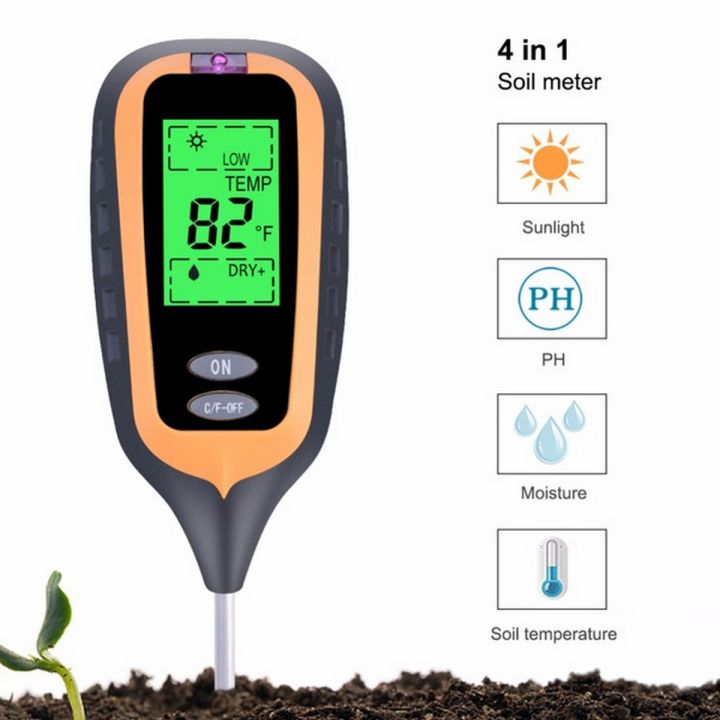 4 in 1 Digital PH Meter Soil Moisture Monitor Tature Sunlight Tester for Gardening Plants Farming with Blacklight