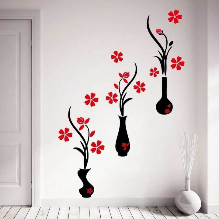 Red And Black Flower Pots Wall Sticker Standard Size- 107Cm X 125Cm