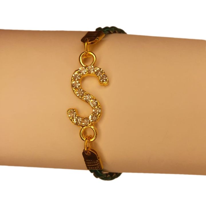 Classy%20Golden%20Zircon%20S%20Alphabet%20Green%20Lather%20Bracelet%20/%20Watch%20For%20Girls%20%5C%20Women%20-%20Image%203