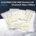 33valuesX 20pcs=660pcs 0603 0805 1206 SMD Resistor Kit Assorted 1R to 1M ohm 1% SMD Sample Kit DIY 3.3R 5.1R 10R 47R 62R 82R 1K. 