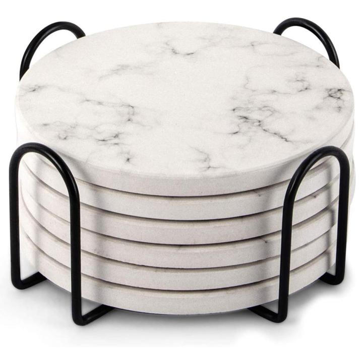 Absorbent Coasters for Drinks Coasters Set with Holder, Set of 6, for Kinds of Mugs Marble Style Coasters, 4 Inch