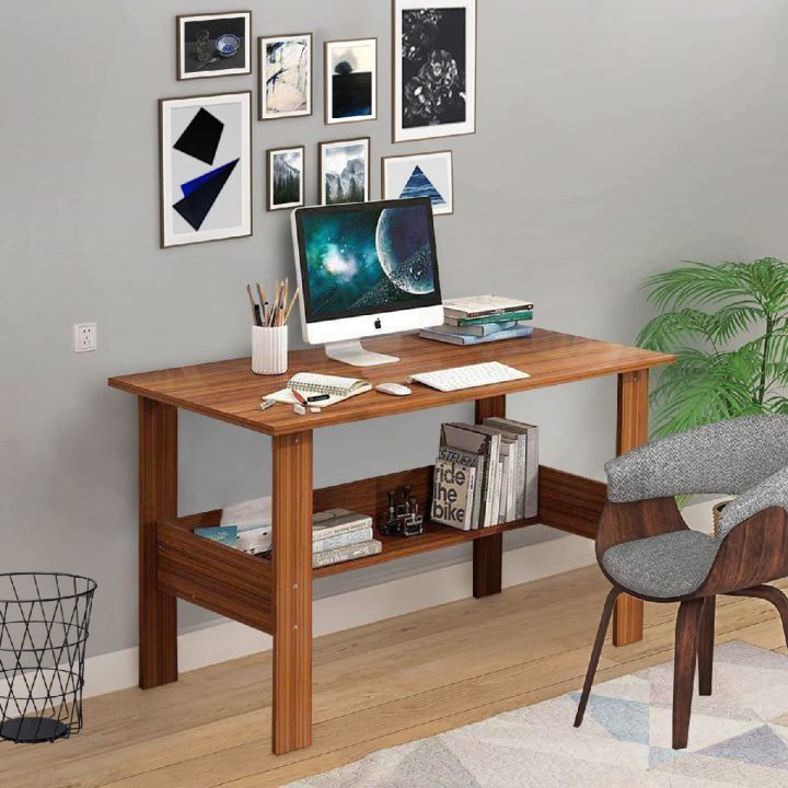Engineered Wood Computer Desk with One Tier Shelves Laptop Study Table for Office Home Workstation Writing Modern Desk (ST-004/Oak Brown / 90 x 50 x 77 cm)