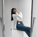 Women Button Down Crop Tops, Casual Long Sleeve Notched V Neck Solid Color Knit T-Shirts. 