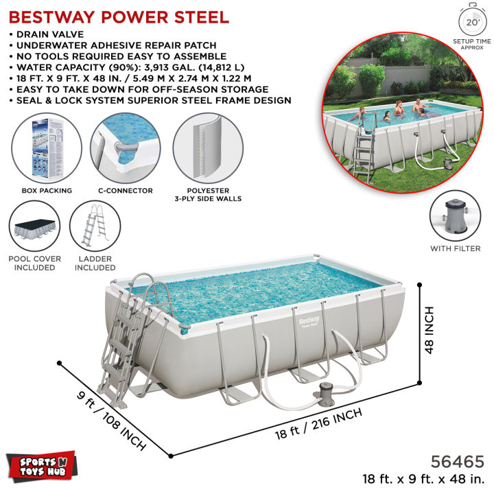 Bestway 56465 18 Ft Length Steel Frame Oval Pool, 9 Ft Width, 48 Inch Full Deep Large For Children, Easy To Setup & Drain Full Size Pool, Water & Summer Fun, Depth Family Swimming Pools, With Filter Pump, Ladder & 3-layer Puncture Resistant Liner