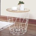 METAL WIRE REMOVABLE WOOD TOP FOLDABLE ROUND COFFEE SIDE TABLE STORAGE BASKET( 16 L 16 W 18.5 H ). 