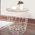 METAL WIRE REMOVABLE WOOD TOP FOLDABLE ROUND COFFEE SIDE TABLE STORAGE BASKET( 16 L 16 W 18.5 H ). 
