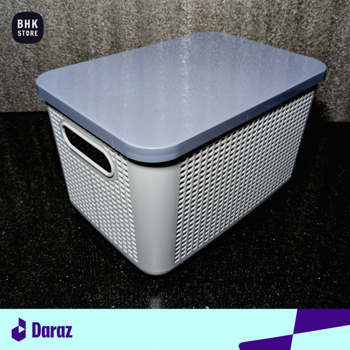 IKEA Style Premium Quality Plastic Storage Basket with Lid/Cover - Durable Open Storage Organizer Bins For Kitchen, Bathroom, Bedroom, Living Room - Mesh Pattern Design Multipurpose Home/Office Accessories Organizer Box with Handle - Large - 8L Capacity