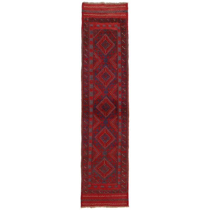 Red/Blue Tribal Narrow Mashwani Runner Rug 1'9x8'3 Handmade Entryway Rug -G26352