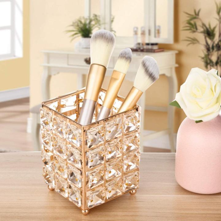 Crystal Makeup Brush Liner Mascara Holder Organizer Square Design Cosmetics Tools Container Comb Holder Pen Pencil Holder Storage Holder for Home Dressing Table and Birthday Gift