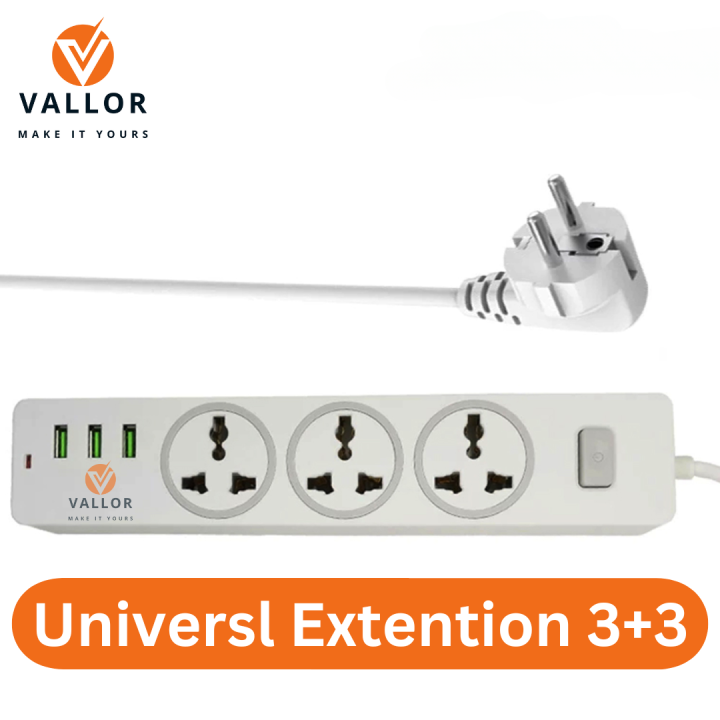 VALLOR™ Smart Universal Premium Portable Extension Board 3 Power Socket + Usb Ports Plug For Electronics Mobile Charging With 1.8 Meter Heavy Duty Copper Wire - White