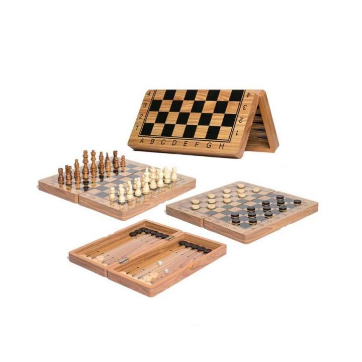 Deluxe 3 In 1 Wooden Chess, Checker And Backgammon Set, Brown