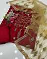 New Wedding Season Collection Handmade collection red dark  color Kataan mirror & handmade shirt along net mirror work duppata plain kathan silk trouser 3 piece. 
