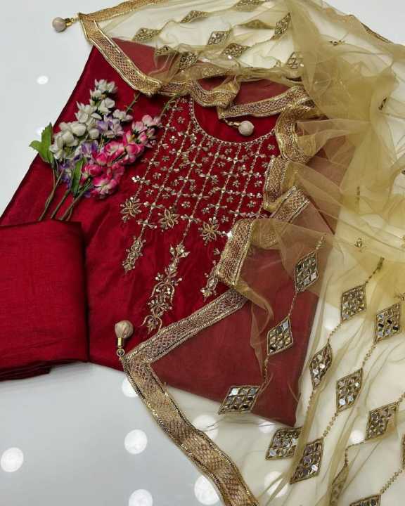 New%20Wedding%20Season%20Collection%20Handmade%20collection%20red%20dark%20%20color%20Kataan%20mirror%20&%20handmade%20shirt%20along%20net%20mirror%20work%20duppata%20plain%20kathan%20silk%20trouser%203%20piece%20-%20Image%207