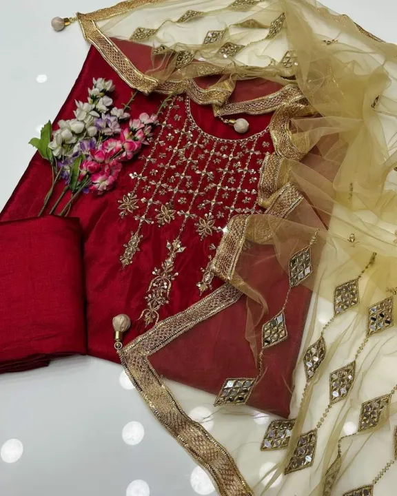 New%20Wedding%20Season%20Collection%20Handmade%20collection%20red%20dark%20%20color%20Kataan%20mirror%20&%20handmade%20shirt%20along%20net%20mirror%20work%20duppata%20plain%20kathan%20silk%20trouser%203%20piece%20-%20Image%207